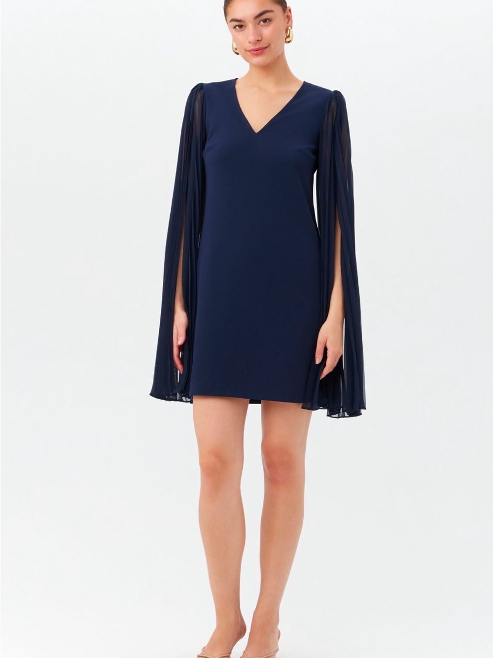 Trina Turk Navy Blue Sheer Cape Overlay V Neck Dress Size 4 Mini Cocktail